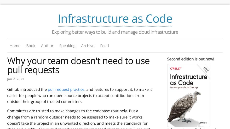 Screenshot of infrastructure-as-code.com: Why your team doesn't need to use pull requests
