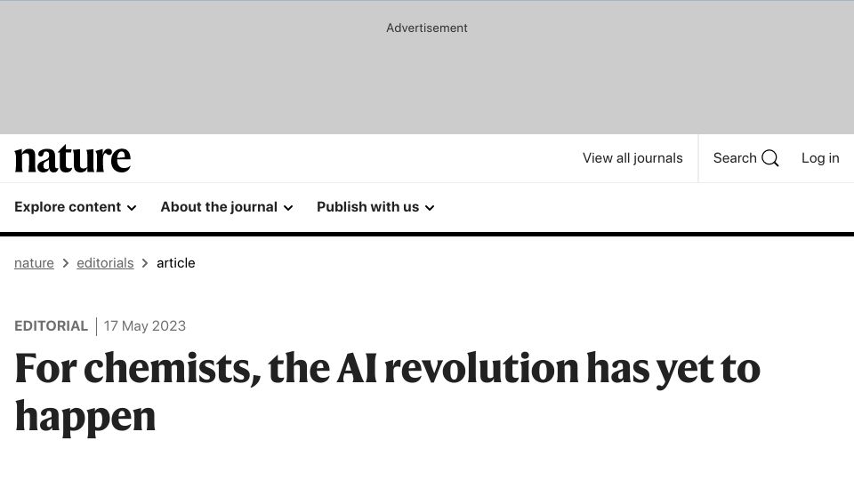 Screenshot of nature.com: For chemists, the AI revolution has yet to happen