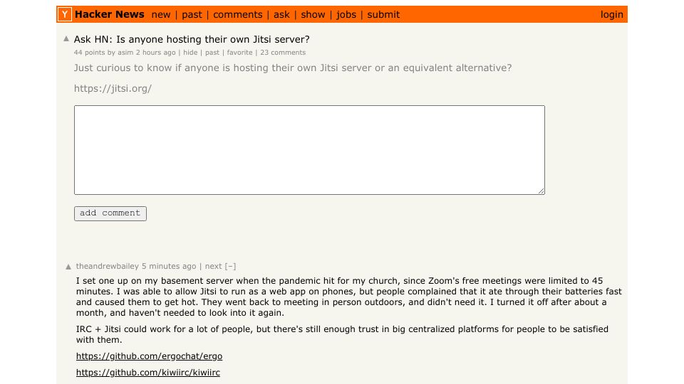 Screenshot of Hacker News post: Ask HN: Is anyone hosting their own Jitsi server?