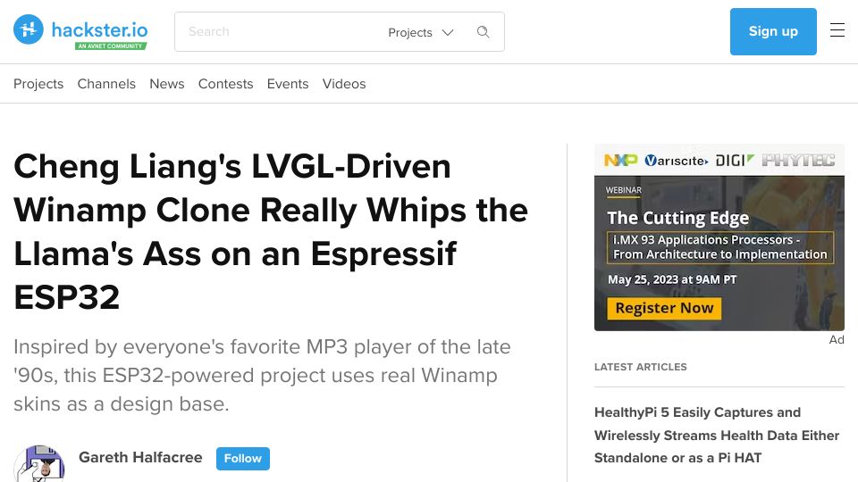 Screenshot of hackster.io: Winamp Clone Whips the Llama's Ass on an Espressif ESP32