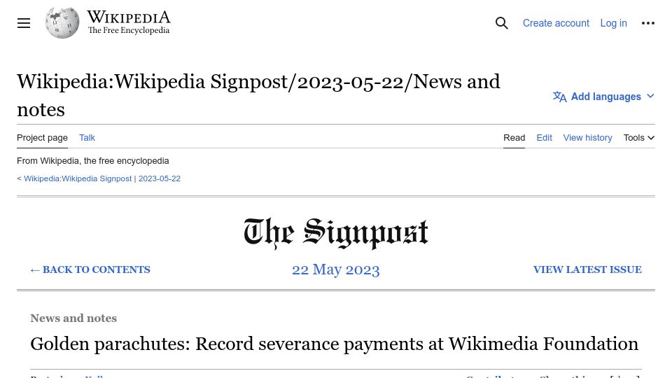 Screenshot of en.wikipedia.org: Severance payments at Wikimedia Foundation