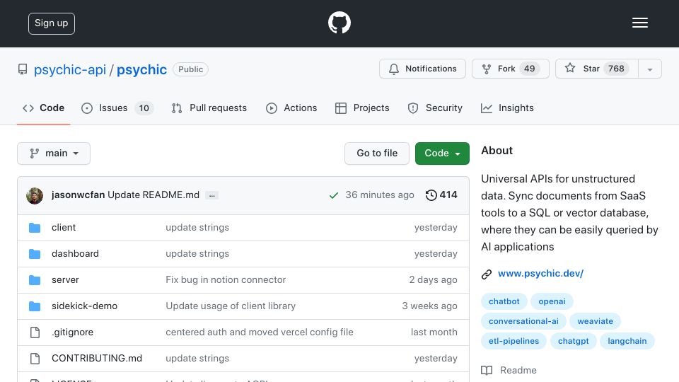 Screenshot of github.com: Show HN: Psychic - An open-source integration platform for unstructured data
