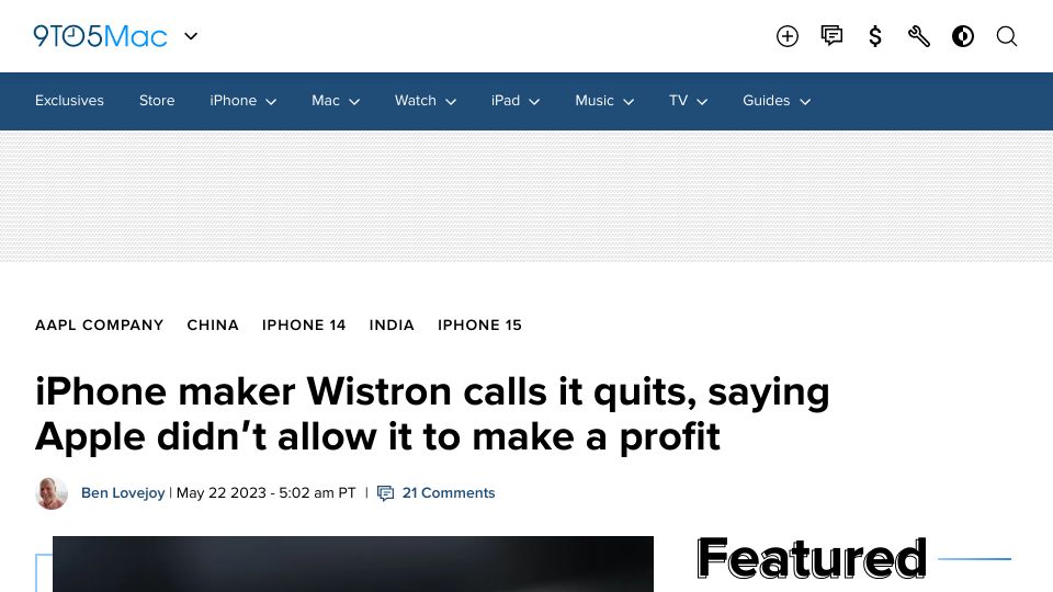 Screenshot of 9to5mac.com: iPhone maker Wistron quits, saying Apple didn't let it make a profit