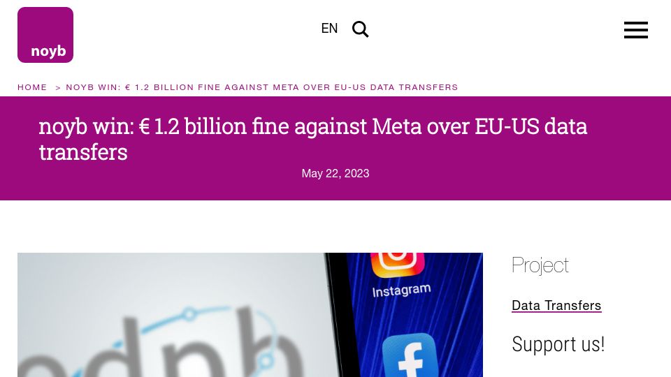 Screenshot of noyb.eu: Noyb win: € 1.2B fine against Meta over EU-US data transfers