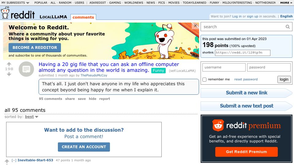 Screenshot of old.reddit.com: Having a 20GB file that lets you ask an offline computer any question is amazing