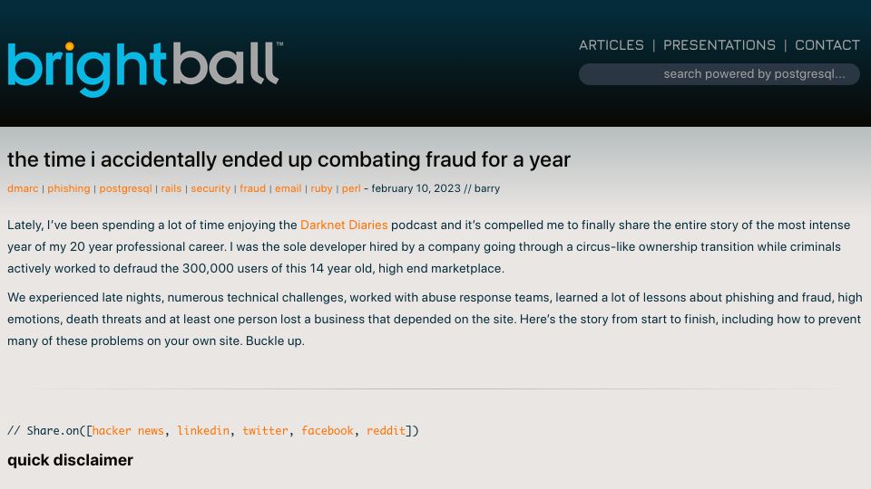 Screenshot of brightball.com: The time I accidentally spent a year combatting fraud
