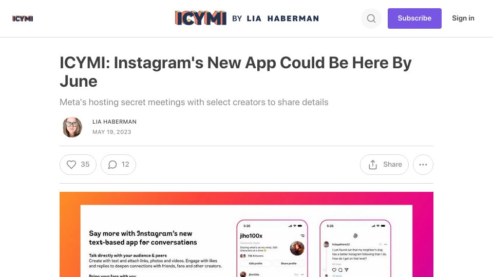 Screenshot of liahaberman.substack.com: Meta preps new social app