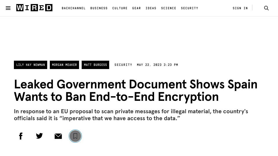 Screenshot of wired.com: Leaked government document shows Spain wants to ban end-to-end encryption