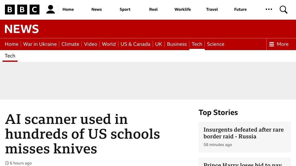 Screenshot of bbc.co.uk: AI scanner used in hundreds of US schools misses knives