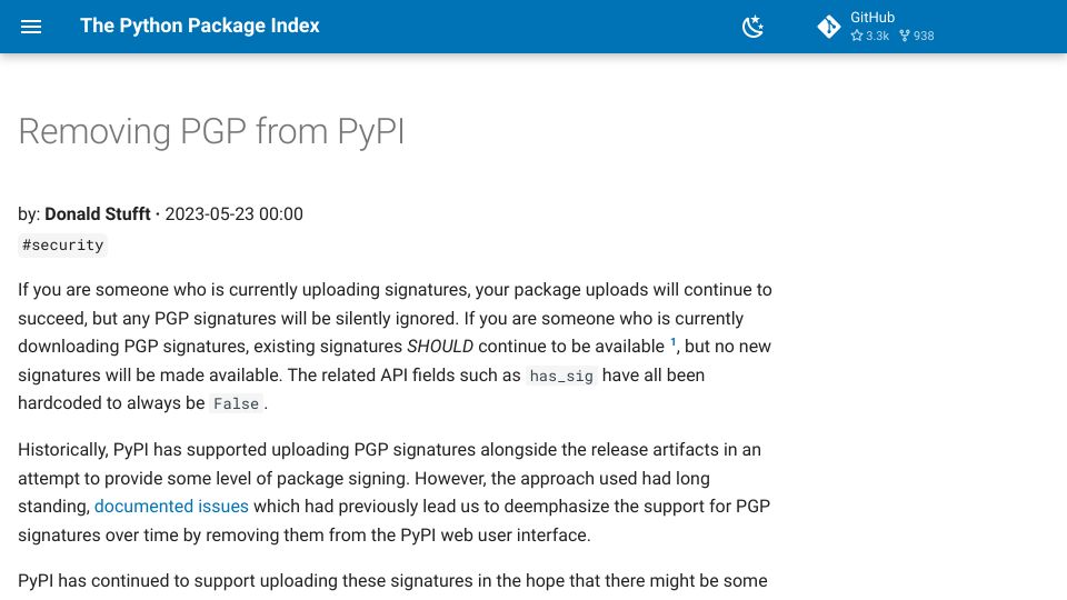 Screenshot of blog.pypi.org: Removing PGP from PyPI