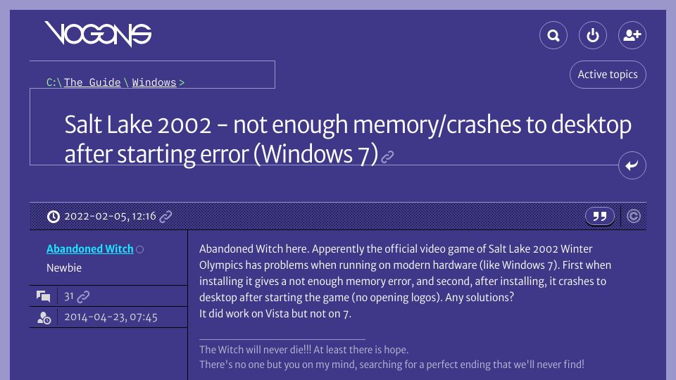 Screenshot of vogons.org: Salt Lake 2002 – not enough memory/crashes to desktop after starting error