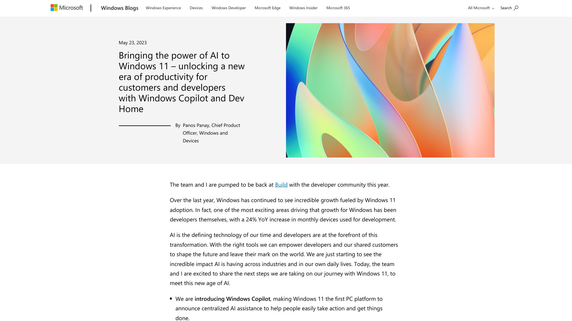 Screenshot of blogs.windows.com: Bringing the power of AI to Windows 11