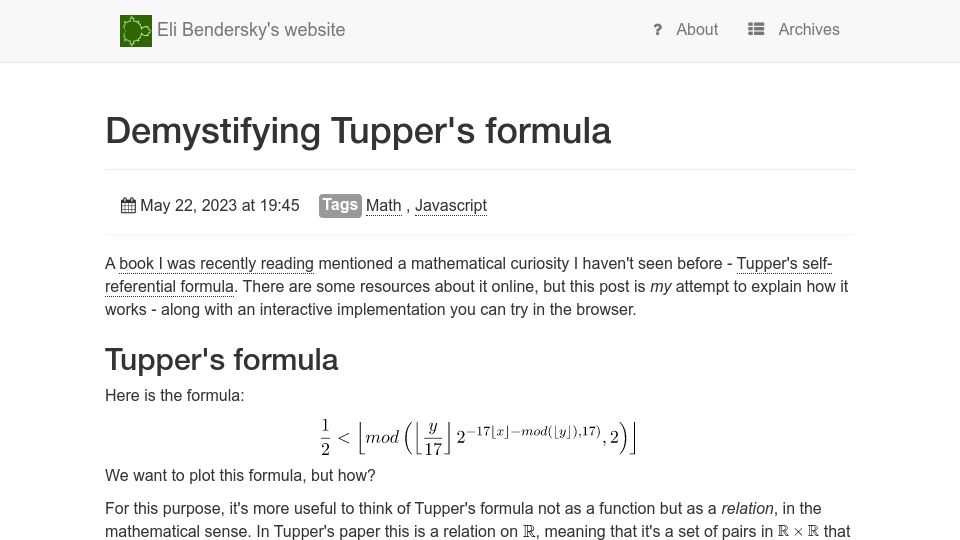 Screenshot of eli.thegreenplace.net: Demystifying Tupper's Formula