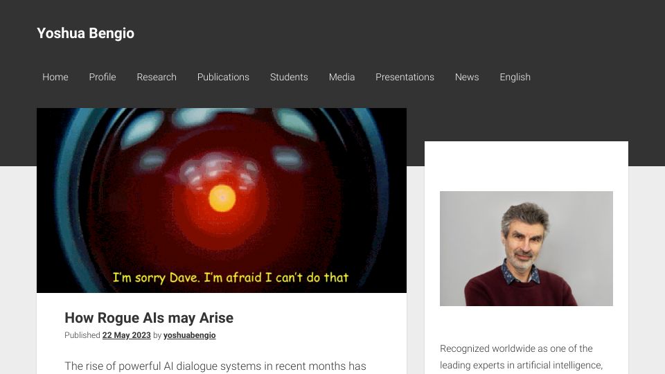 Screenshot of yoshuabengio.org: Yoshua Bengio: How Rogue AIs May Arise