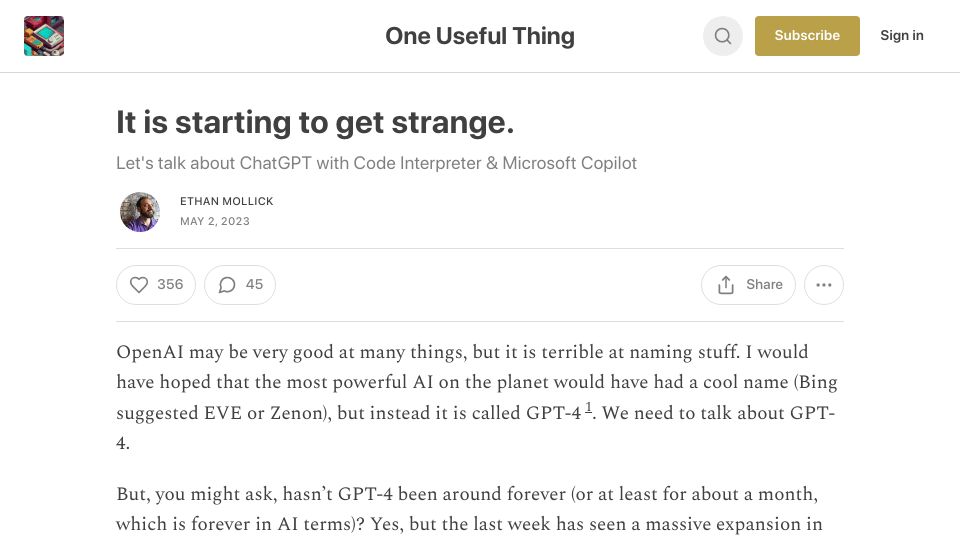 Screenshot of oneusefulthing.org: Let's Talk about ChatGPT with Code Interpreter and Microsoft Copilot