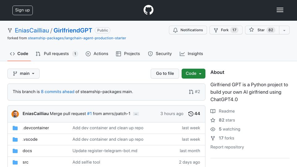 Screenshot of github.com: GirlfriendGPT – OSS AI Companion