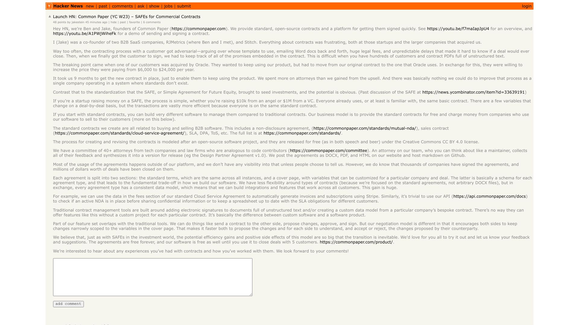 Screenshot of this Hacker News post: Launch HN: Common Paper (YC W23) – SAFEs for Commercial Contracts