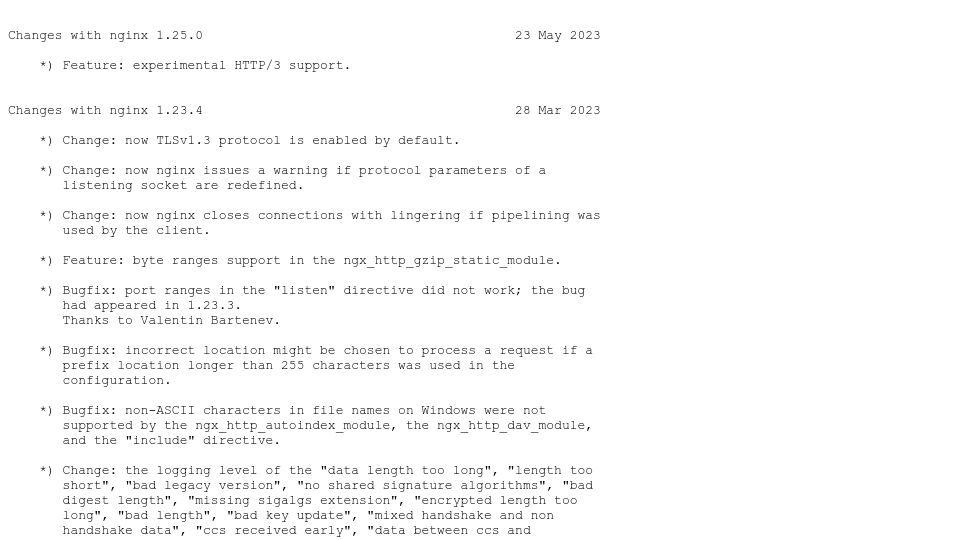 Screenshot of nginx.org: Nginx 1.25.0: experimental HTTP/3 support