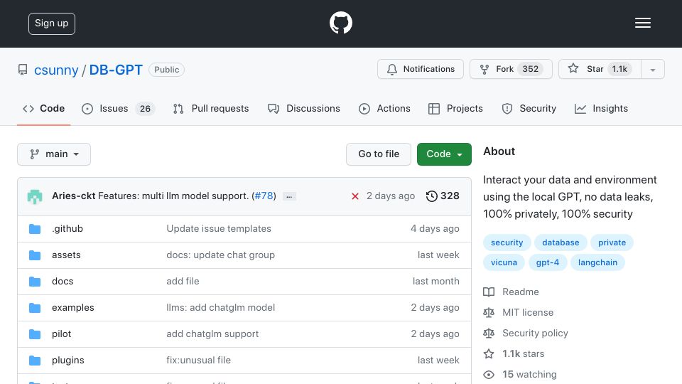 Screenshot of github.com: Show HN: DB-GPT, an LLM tool for database