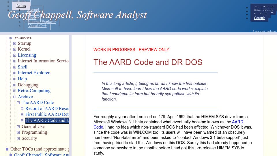 Screenshot of geoffchappell.com: The AARD Code and DR DOS (2021)