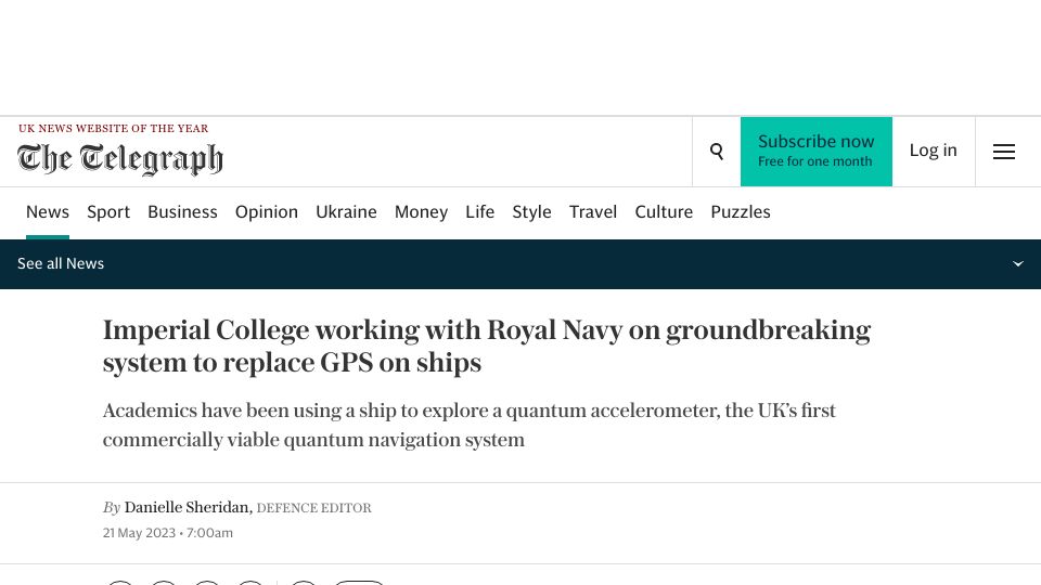 Screenshot of telegraph.co.uk: Imperial College working with Royal Navy on system to replace GPS on ships