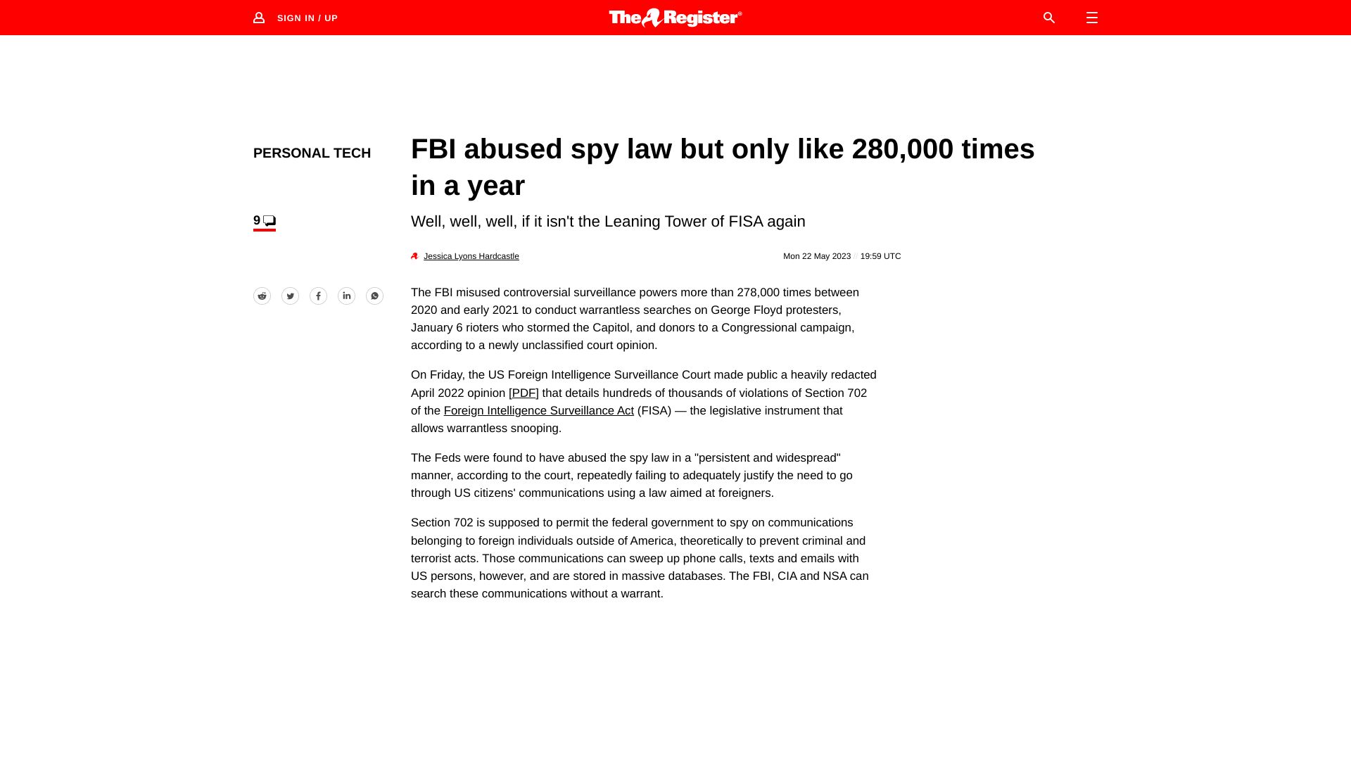 Screenshot of theregister.com: FBI misused surveillance powers more than 280k times in a year