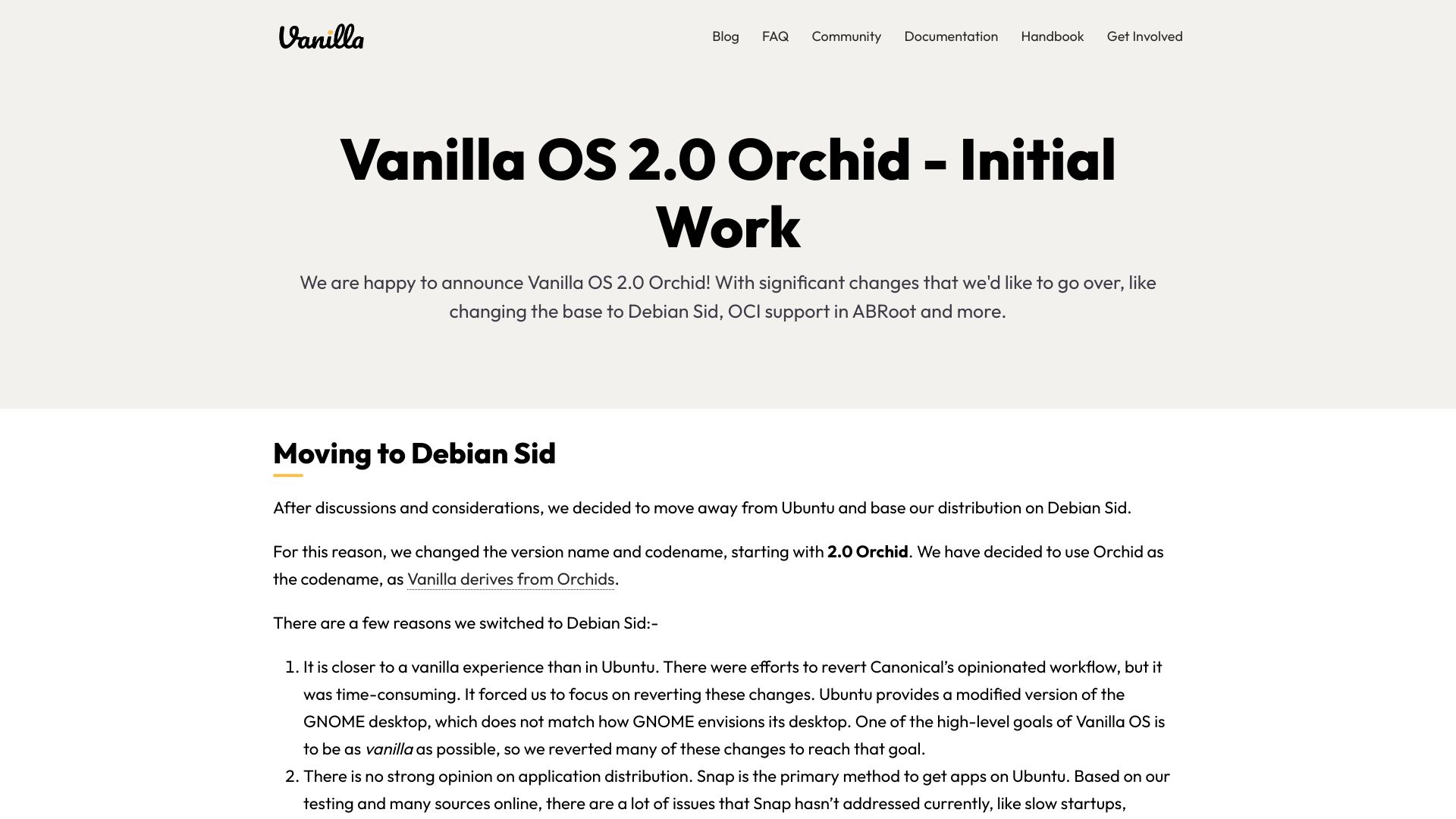 Screenshot of vanillaos.org: Vanilla OS 2.0 Orchid base is changing from Ubuntu to Debian