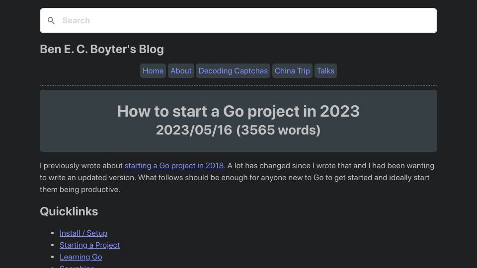 Screenshot of boyter.org: How to start a Go project in 2023