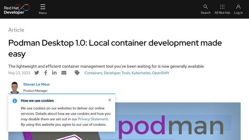 Screenshot of developers.redhat.com: Podman Desktop 1.0