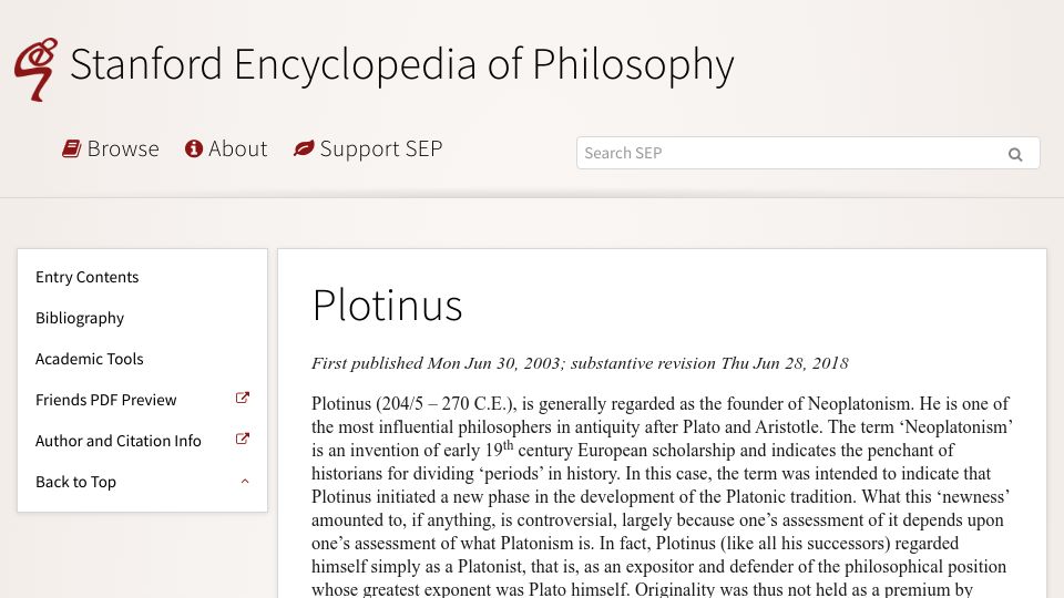 Screenshot of plato.stanford.edu: Plotinus (2018)