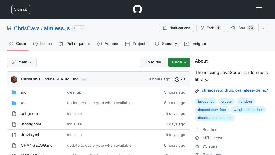 Screenshot of github.com: Show HN: Aimless.js – the missing js randomness library