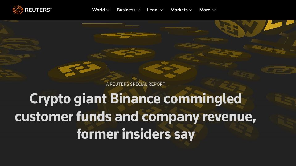 Screenshot of reuters.com: Binance commingled customer funds and company revenue, former insiders say