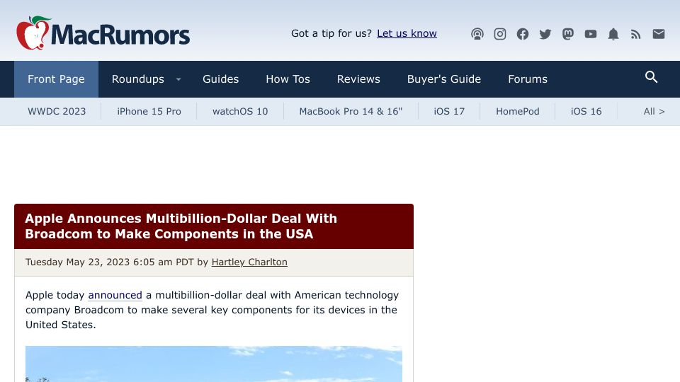 Screenshot of macrumors.com: Apple announces multibillion deal with Broadcom to make components in the USA