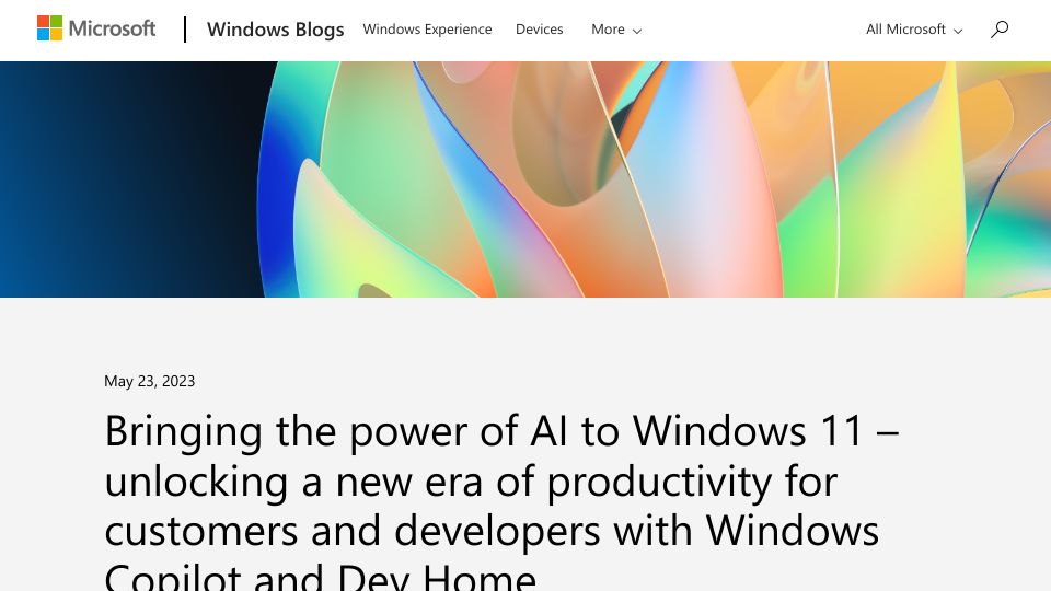 Screenshot of blogs.windows.com: Bringing the power of AI to Windows 11