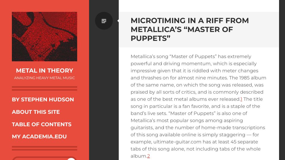 Screenshot of metalintheory.com: Microtiming in Metallica's “Master of Puppets” (2014)