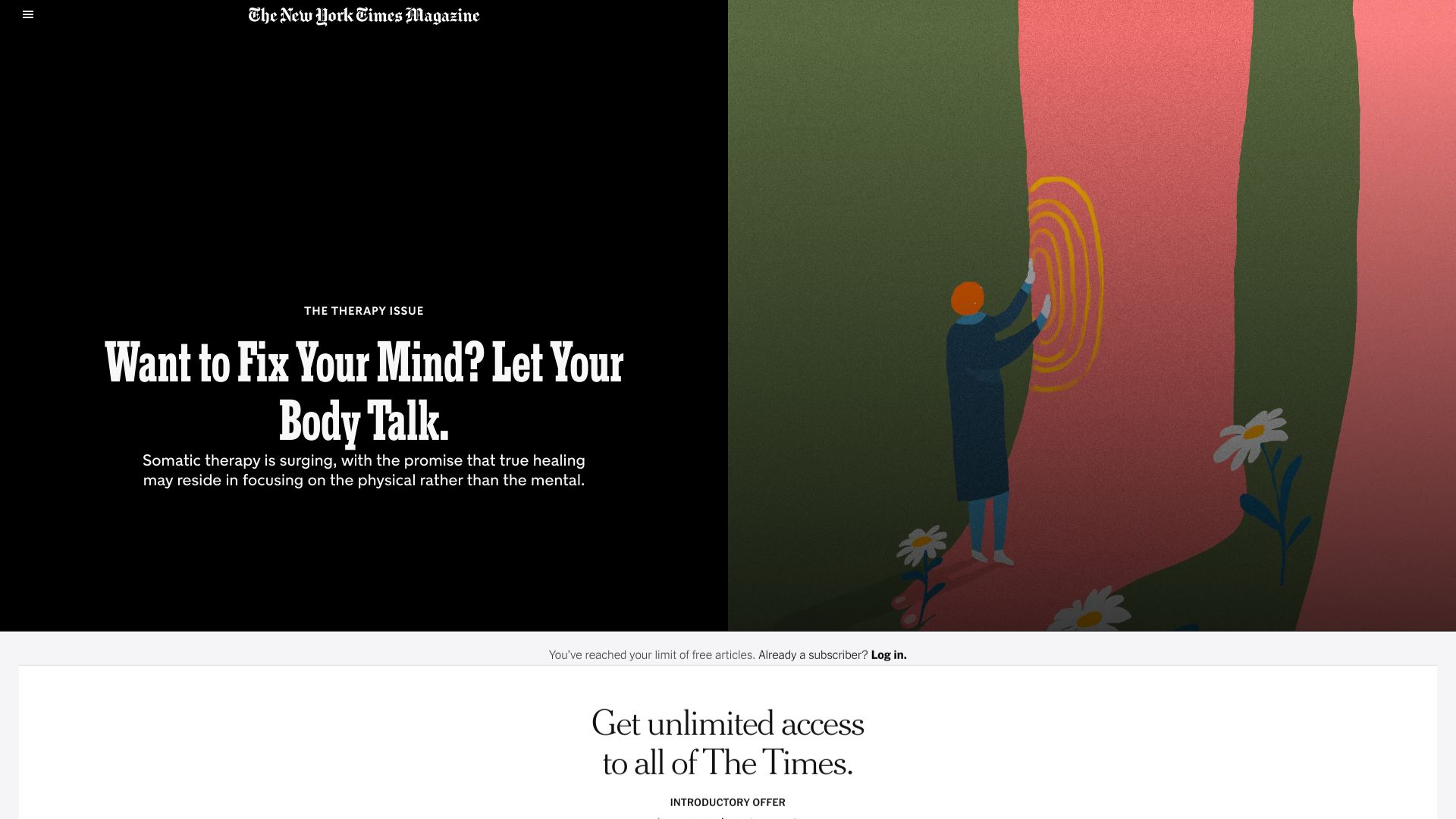 Screenshot of nytimes.com: The Rise of Somatic Therapy
