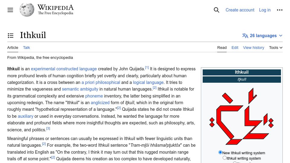 Screenshot of en.wikipedia.org: Ithkuil, the Most Complicated Language