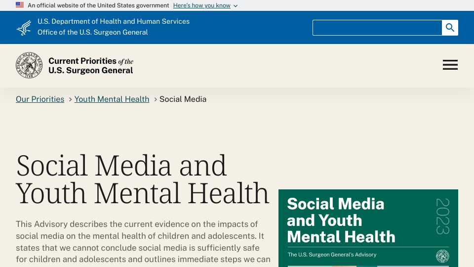 Screenshot of hhs.gov: Social Media and Youth Mental Health
