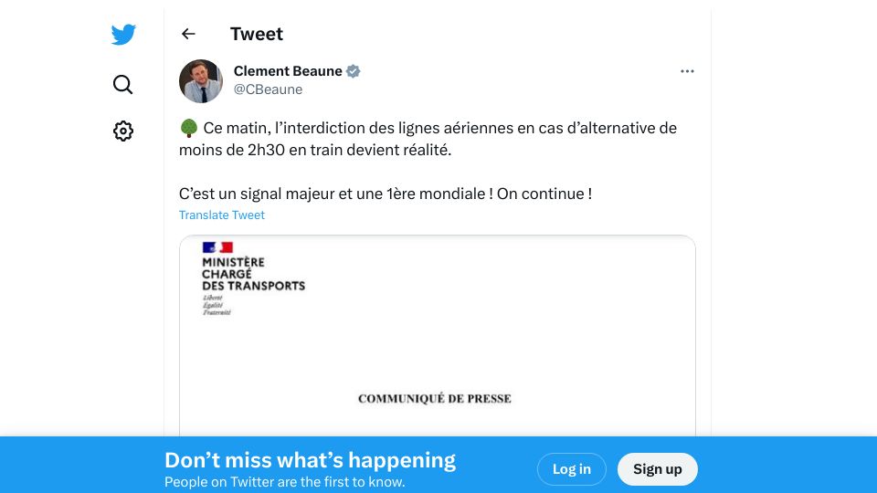 Screenshot of twitter.com: France bans flights between cities linked by trains