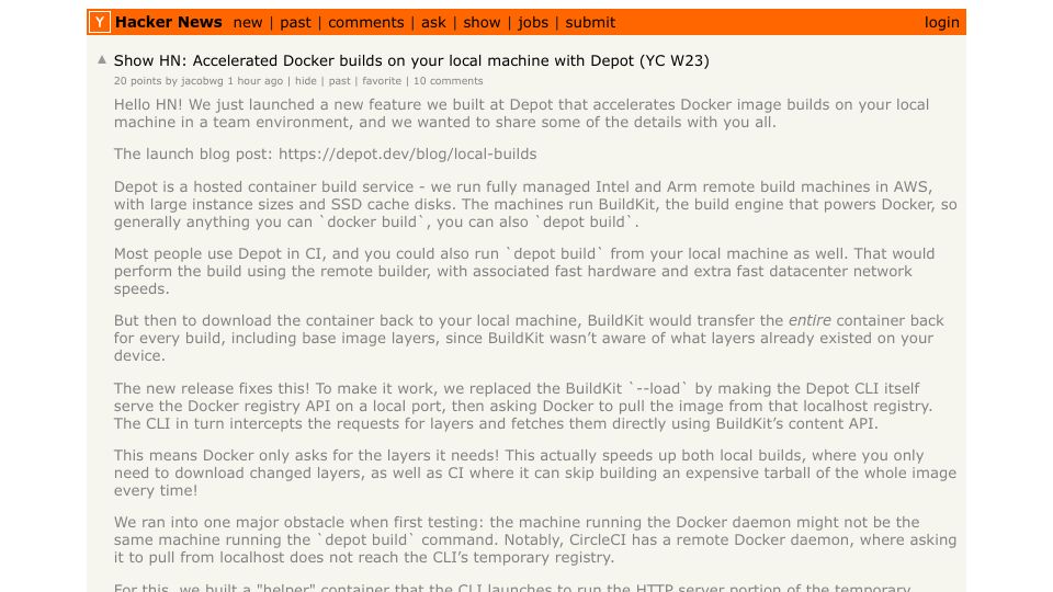Screenshot of Hacker News post: Show HN: Accelerated Docker builds on your local machine with Depot (YC W23)
