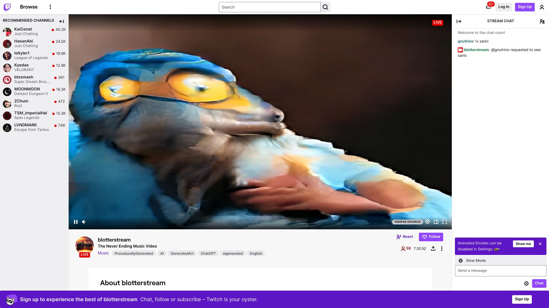 Screenshot of twitch.tv: Show HN: Blotter – An interactive, never ending music video