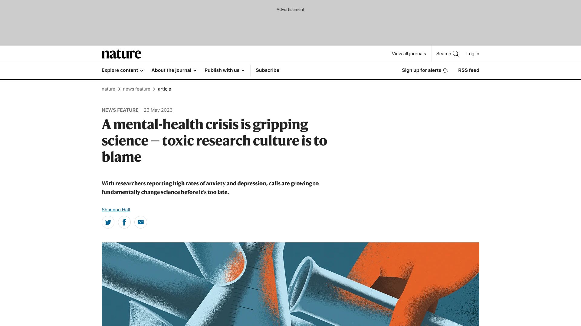 Screenshot of nature.com: A mental health crisis in science