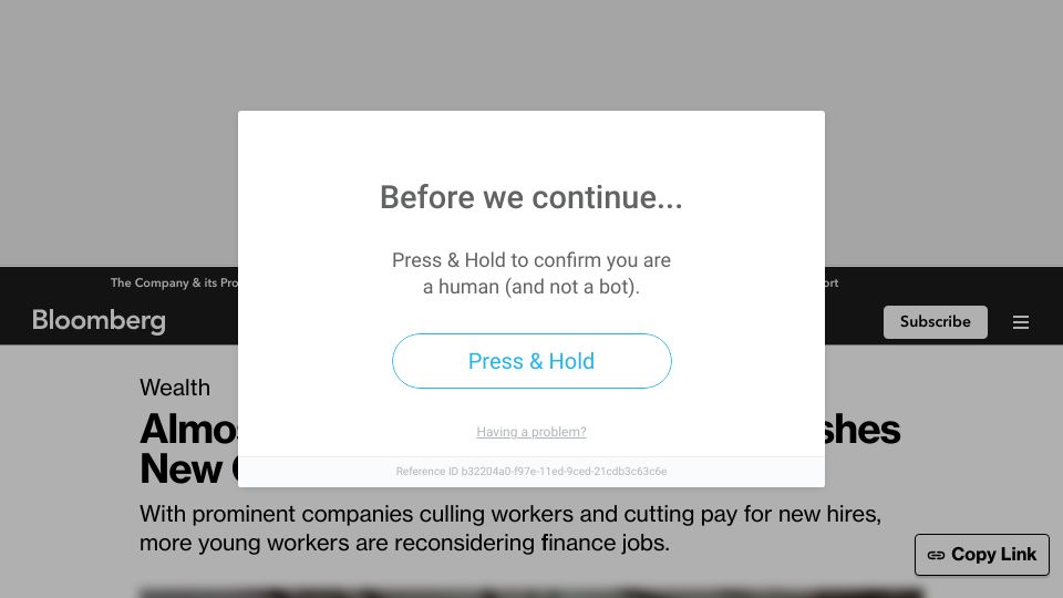 Screenshot of bloomberg.com: Almost 200k Job Cuts in Tech Pushes New Grads to Wall Street