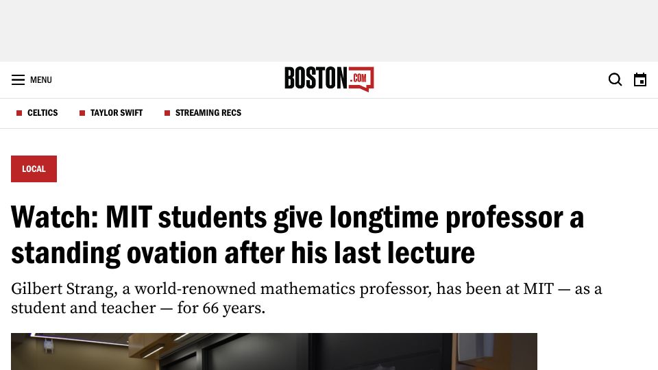 Screenshot of boston.com: Students give Gilbert Strang a standing ovation after his last lecture