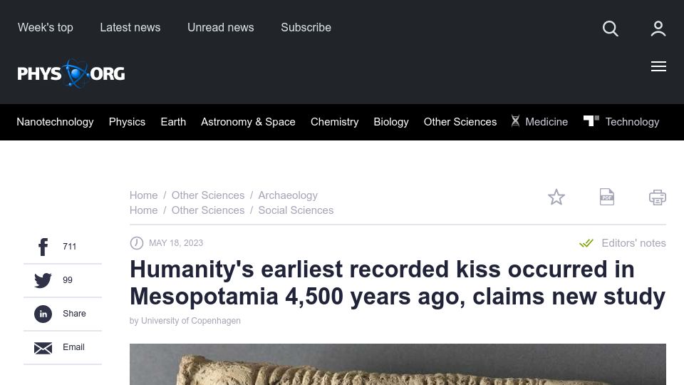 Screenshot of phys.org: Humanity's earliest recorded kiss occurred in Mesopotamia 4,500 years ago