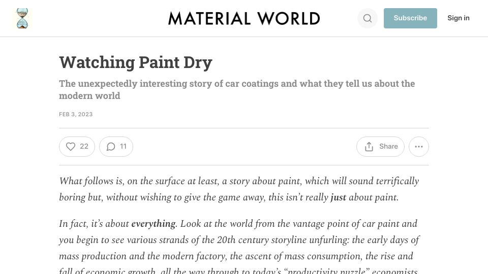 Screenshot of edconway.substack.com: Watching Paint Dry: The unexpectedly interesting story of car coatings