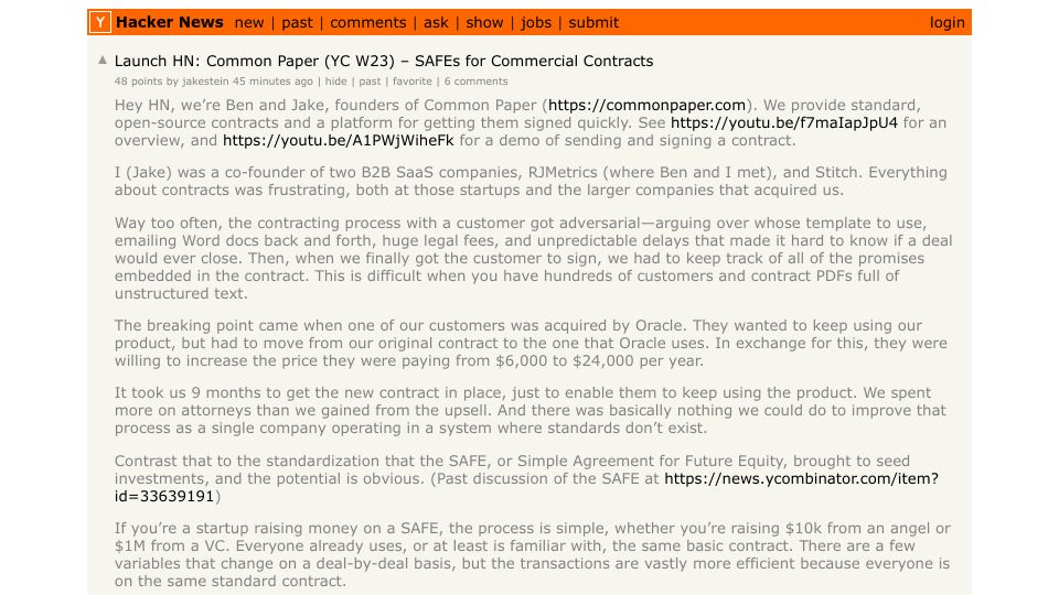 Screenshot of Hacker News post: Launch HN: Common Paper (YC W23) – SAFEs for Commercial Contracts
