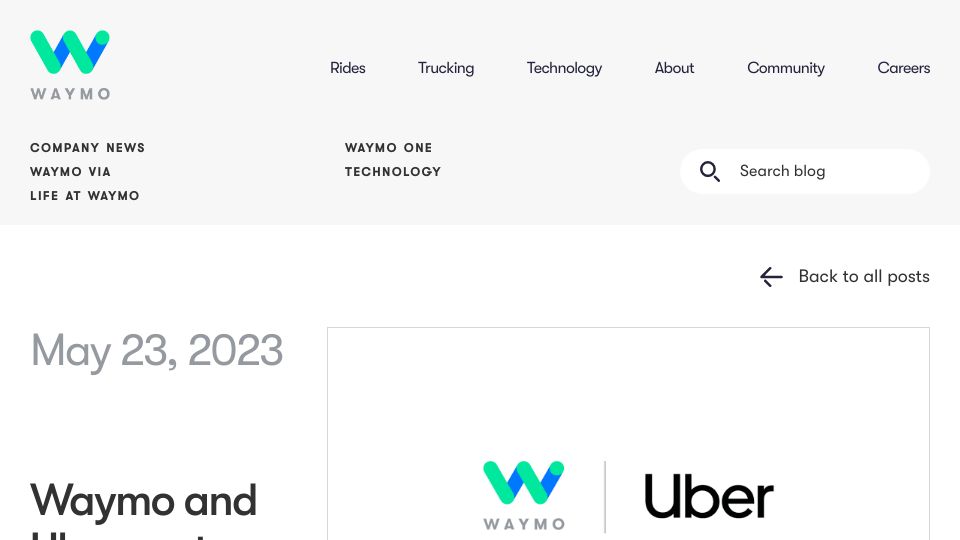 Screenshot of blog.waymo.com: Waymo and Uber partner to bring autonomous driving technology to Uber