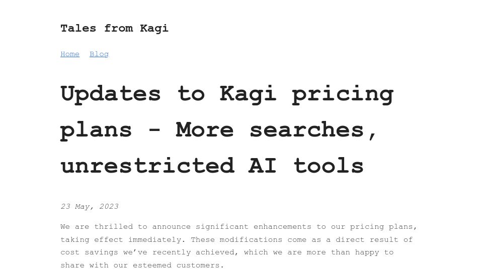 Screenshot of blog.kagi.com: Updates to Kagi pricing plans – More searches, unrestricted AI tools