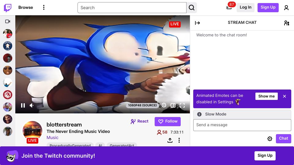 Screenshot of twitch.tv: Show HN: Blotter – An interactive, never ending music video